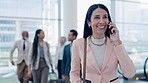 Phone call, smile and business woman at airport lobby to talk, chat or discussion. Happy, smartphone and professional walk with bag for travel, communication and journey flight of business consultant