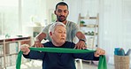 Senior woman, physiotherapy and stretching band with doctor support in physical therapy, rehabilitation or healthcare. Medical nurse, people or chiropractor helping elderly patient with shoulder pain