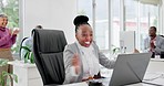 Black woman in office with laptop, applause and news of success, promotion or bonus announcement. Wow, cheers and support for winner employee with target achievement, business people in celebration.