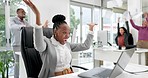 Laptop, black woman and office celebration with paper throw for success, news or promotion. Happy, goals and African female winner cheering with documents for online email, bonus or business growth
