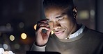 Thinking, tablet and business black man at night for website, research and browse internet. Corporate, ideas and male worker on digital tech for planning, social network and working on online project