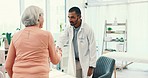 Senior woman, doctor and man shaking hands in office for healthcare, advice and consultation. Communication, trust and professional person welcome elderly patient with handshake for medical results