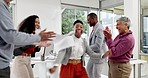 Office, party and happy business people dance with paper throw, success and teamwork goal achievement. Dancing, team and work celebration for business growth, sales or kpi target and opportunity