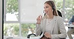 Talking, advice and a woman in a call center with a computer for telemarketing or communication. Smile, contact us and a customer service employee speaking on a pc for technical support or sales help