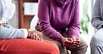 Anxiety, stress and busy hands at group therapy for support at company with counseling. Team, community and female professional in circle for office staff with teamwork for mental health problem