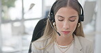 Virtual assistant, face or woman typing in call center consulting online at customer services help desk. Research, crm agent or consultant in telemarketing or telecom for sales or email on computer