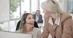 Call center, women and training with computer, advice or helping hand for development, learning and teaching. Senior crm, consultant coaching and question for tech support, mentorship and smile by pc