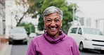 Business woman, portrait and senior laugh with smile and happy from professional job in city. Urban street, female person and worker with career and pride on a sidewalk and road in town for work