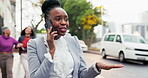 Phone call, city and black woman travel or commute to work talking on a funny mobile conversation and happy outdoor. Business, town and African employee walking and in discussion for communication