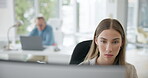 Business woman, focus and working on computer in office for planning, typing email and research on internet in agency. Face of serious female worker at desktop pc for management in coworking company