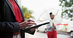 Hands, tablet and a business woman in the city on her morning commute while online for research. Technology, email and networking with a professional corporate employee outdoor in an urban town