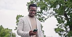 Phone, city and happy black man reading, typing email and on morning travel, commute walk and message funny user. Networking connectivity, professional agent and African person text cellphone contact