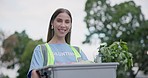 City volunteer, food donation and happy woman with grocery box, vegetables container or basket for charity. Community service activist, NGO portrait and person volunteering for social responsibility