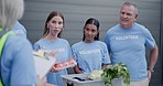 Volunteer group, donation checklist and people counting grocery product, food or vegetables for charity support. Community service leader, diversity NGO or city team volunteering for society outreach