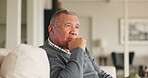 Couch, thinking and senior man dreaming with a memory in a retirement home and calm in a living room or lounge. Relax, peace and elderly person with an idea on a sofa in a house with a decision