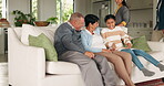 Grandparents, parents or child watching tv in home living room for bonding together on holiday. Happy family, grandmother or dad smiling to enjoy time with mom, girl or grandpa for a movie or film