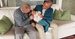 Grandfather, father and girl playing on sofa for bonding, quality time and relax together in living room. Happy family, playful and grandparent, dad and child at home having fun, embrace and laughing