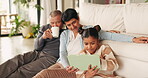 Happy, grandparents and girl with a tablet in home for games, social media and streaming cartoon in living room. Technology, senior man and woman with kid for family education while drinking coffee