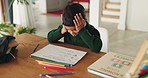 Home, stress and child with homework for education, school and learning worried for test or quiz. Burnout, mental health and frustrated boy struggle with assignment for knowledge, lesson and academy