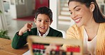 Homework, math and mother counting with child for learning, studying and teaching with abacus. Education, academic and mom with son in home for knowledge development, growth and studying for lesson