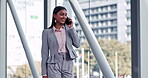 Office, business deal or happy woman on a phone call talking, networking or speaking of ideas. Smile, mobile communication chat or startup developer in conversation for a negotiation offer by window