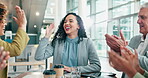 Business people, meeting applause and high five for success, support or thank you, goals and winner celebration. Professional group of women and men with fist bump, achievement and congratulations