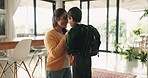 School, love and mother with child in home ready for education, childhood development and learning. Academy, family and mom embrace young boy for greeting, goodbye and morning routine to leave 