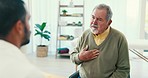 Chest pain, old man and doctor in consultation for advice on elderly health, insurance and help at hospital. Retirement, senior care and medical professional with patient for support, help and trust.