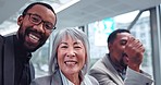 Selfie, face and celebration of staff dancing and happy from weekend in a office. Diversity, portrait and group with comedy of a Asian woman and African male worker with a smile and energy at job