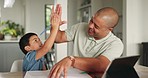 Homework, math and father high five child for learning, studying and teaching and counting on hands. Education, school and happy dad with son in home for development, growth and studying for lesson