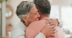 Senior couple, hug and smile in home for love, care and relax for bond, support and trust. Face, happy woman and embrace man for quality time, retirement and commitment to partner in relationship