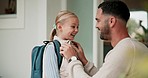 Father, kid and backpack for school, laughing at home and getting ready at front door in morning. Smile, dad and girl child with bag, excited for learning and development, study with love and support