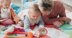 Mom, children and drawing on living room floor for bonding, teaching and learning together. Color pencil, paper and art, mother and kids in creative play for development, quality time and family home