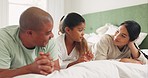 Mother, father and child on bed to talk, relax and quality time together for happy interracial family in home. Discussion, bonding and girl in bedroom with mom, dad and smile in morning conversation.