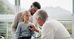 Dad, child and pediatrician with stethoscope to check lungs, heart and breathing for kids healthcare. Father, sick kid and doctor checking chest for asthma, emergency medical consultation in home.