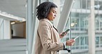 Travel, woman and a ticket for a flight at an airport, thinking and reading information on a phone. Idea, vacation and a young girl with a boarding pass, suitcase and mobile app for a holiday