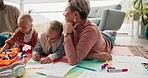 Parents, children and drawing on floor in family home for bonding, teaching and learning together. Color pencil, paper and dad, mom and kids in creative play for development, quality time and support