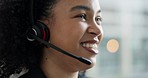 Call center, woman face and laugh with consulting, telemarketing and conversation at office. Customer service, communication and contact us operator online with phone call and worker speaking for crm