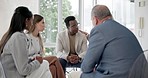 Psychology, comfort and black man with group to talk about problem, depression or mental health. Therapy counselling, support or community of people with empathy, help and healing in rehabilitation