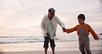 Beach, grandma spinning child and playful sunset holiday in Australia with freedom, fun and energy. Travel, swinging and happy woman and kid with smile, playing and bonding together on ocean vacation