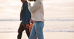 Family, walking on beach and holding hands, ocean with people bonding on tropical holiday with travel.  Mother, father and child spending time together outdoor, nature and fresh air with adventure