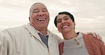 Funny, elderly couple and face selfie outdoor for vacation, holiday or travel in winter at sunset. Laugh, senior man and portrait of woman with photography, profile picture and smile for happy memory