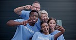 Selfie, peace sign and volunteer group, happy people or non profit society pose for memory picture of charity support organization. Funny facial expression, tongue out and NGO team post online photo