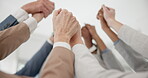 Holding hands, teamwork and business people with trust, support or cooperation. Collaboration, solidarity or group with motivation, success or synergy in goal achievement, target or community mission