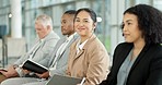 Conference, face and business people in a row in the office at a corporate seminar or presentation. Listening, conference and group of employees at a training workshop together in workplace boardroom