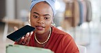 Phone call, office and business woman in discussion while doing research for a corporate project. Cellphone, professional and African female employee on a mobile conversation in the modern workplace.