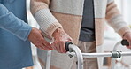 Hands, walker or caregiver with patient in rehabilitation or hospital for nursing, healing or support closeup. Learning, nurse helping or person with walking frame in physical therapy recovery