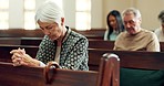 Faith, prayer or old woman in church for God, holy spirit or religion in cathedral or Christian community. Worship, spiritual lady or elderly person in chapel or sanctuary to praise Jesus Christ