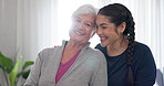 Happy, portrait of grandmother and mom in home with a smile for family, quality time or relax on mothers day in house. Senior woman, grandma and girl together with happiness, support and love