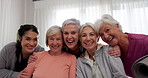 Yoga class teacher, face and senior happy people for retirement exercise, club membership and team support. Pilates instructor, friends or elderly women smile for training, fitness or active workout